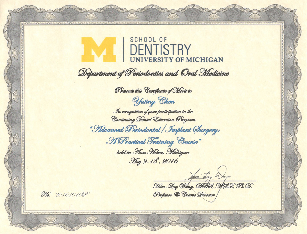 Dr婷-密西根大學牙周病暨人工植牙專科進修證書