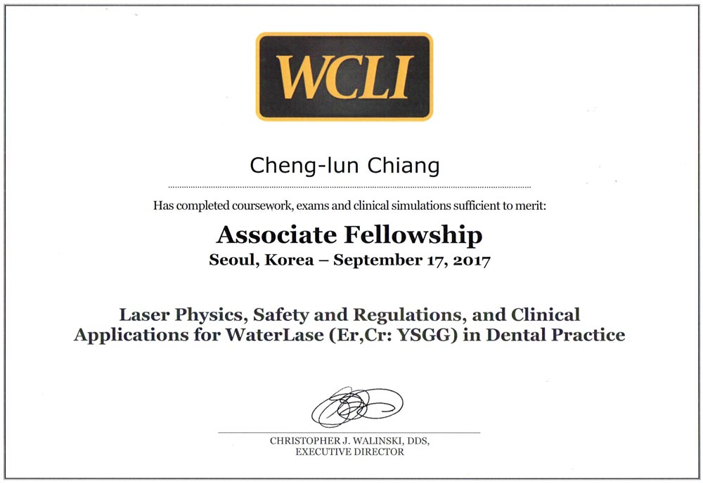 Dr江-世界雷射臨床學會(WCLI)副院士證書