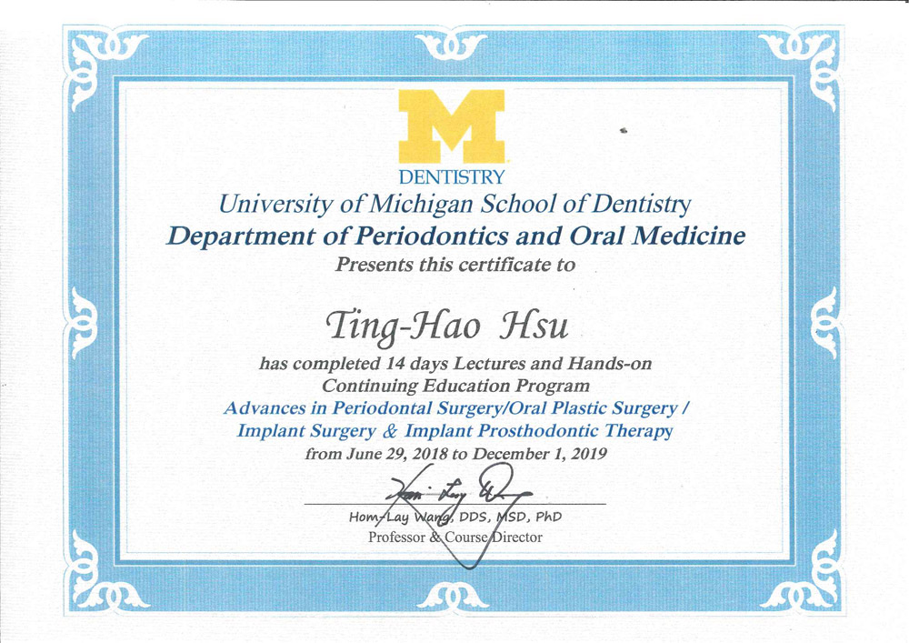 Dr許-密西根大學牙周病暨人工植牙專科進修證書